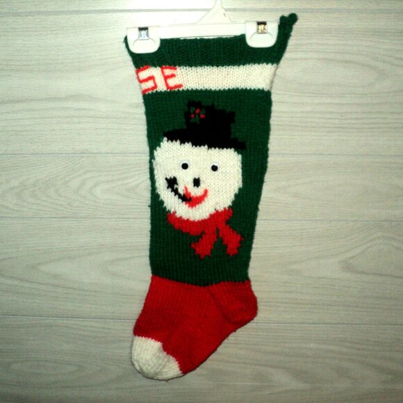 Knitted Christmas Stocking DENISE Frosty the Snowman Vintage 1982 Red, Green